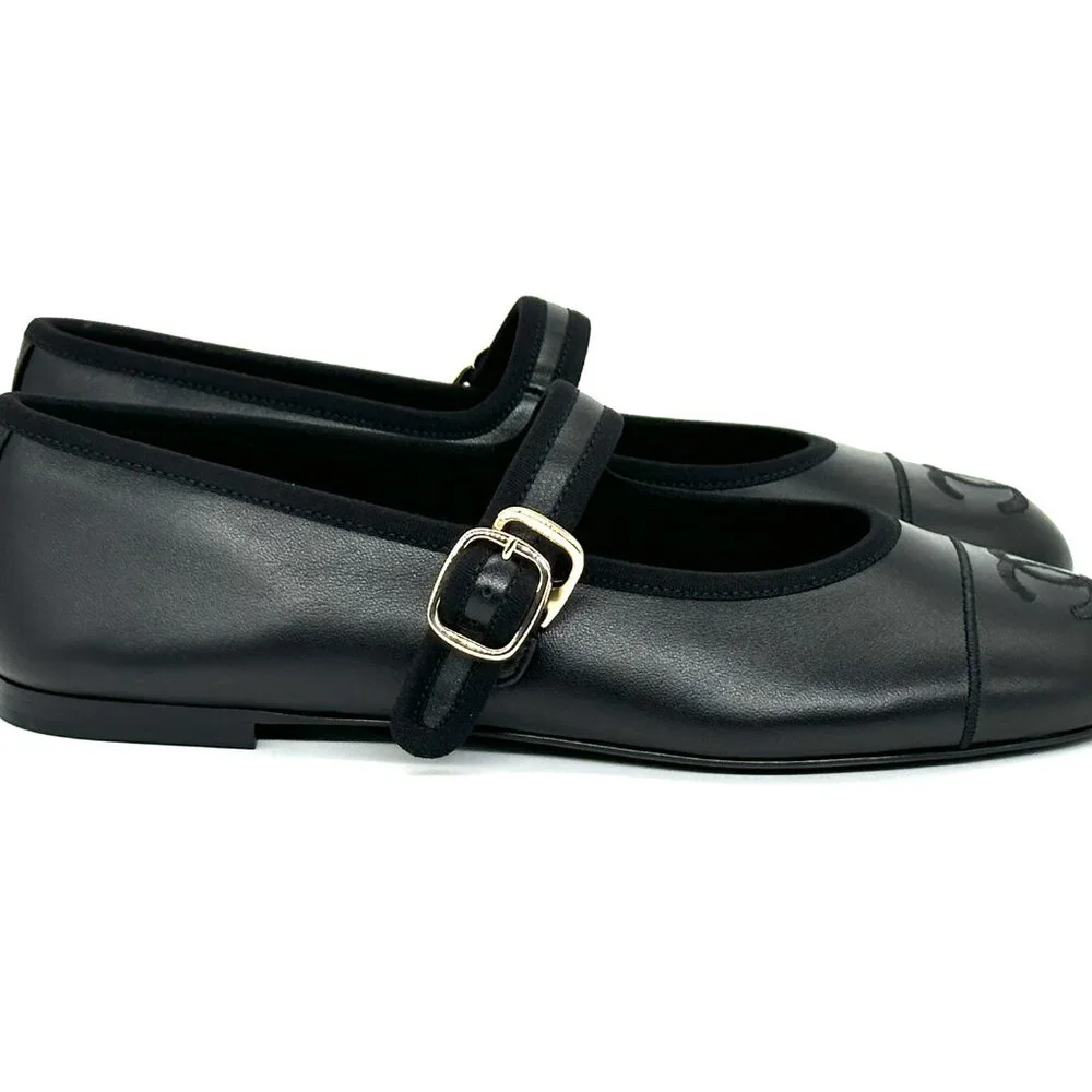 CHANEL REV CC Logo Leather Mary Jane Ankle Strap Flat Ballerina Shoes Black - Picture 8 of 15